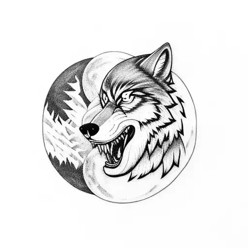 A fierce wolf howling at the moon surrounded by a dense forest tattoo design idea