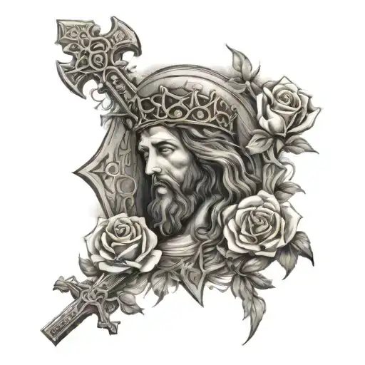 Create a tattoo sleeve with Jesus, three crosses, Paloma, roses, knight, lion and Isaiah 60:22 verse tattoo design idea