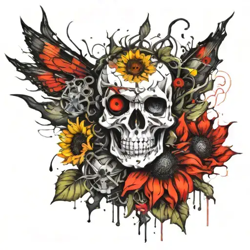 structured, dystopian, futuristic , skull, clean hyper detailed sunflower, Fairy, goofy eyeball, Tim Burton, Ed Hardy, M tattoo design idea