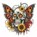 structured, dystopian, futuristic , skull, clean hyper detailed sunflower, Fairy, goofy eyeball, Tim Burton, Ed Hardy, M tattoo design idea