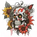 structured, dystopian, futuristic , skull, clean hyper detailed sunflower, Fairy, goofy eyeball, Tim Burton, Ed Hardy, M tattoo design idea