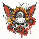 structured, dystopian, futuristic , skull, clean hyper detailed sunflower, Fairy, goofy eyeball, Tim Burton, Ed Hardy, M tattoo design idea