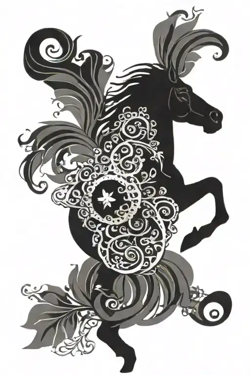 A Celtic horse symbolizing strength and freedom, surrounded by a wreath of intricate floral patterns tattoo design idea