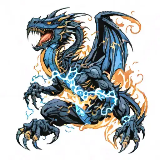 A black dragon full body which breathes fire and is surrounded by blue electric lightning, he has a touch of aggressiven tattoo design idea