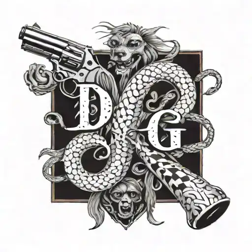 letter DYG with snakes wrapping the text " D Y G" with dangerous looking dogs and with guns beside it, put the text "DYG tattoo design idea