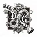 letter DYG with snakes wrapping the text " D Y G" with dangerous looking dogs and with guns beside it, put the text "DYG tattoo design idea