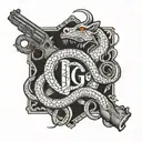 letter DYG with snakes wrapping the text " D Y G" with dangerous looking dogs and with guns beside it, put the text "DYG tattoo design idea