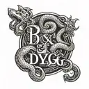 letter DYG with snakes wrapping the text " D Y G" with dangerous looking dogs and with guns beside it, put the text "DYG tattoo design idea
