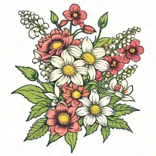 Daisy, lily of the valley, cosmos, and chrysanthemum flower bouquet tattoo design idea