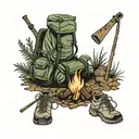A campfire surrounded by various outdoor gear like a tent, hiking boots, and a backpack tattoo design idea