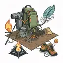 A campfire surrounded by various outdoor gear like a tent, hiking boots, and a backpack tattoo design idea