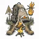 A campfire surrounded by various outdoor gear like a tent, hiking boots, and a backpack tattoo design idea