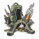 A campfire surrounded by various outdoor gear like a tent, hiking boots, and a backpack tattoo design idea