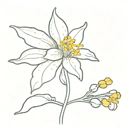 a white f lower with bright yellow pollen with a stem that says "whoopsie"  in cursive tattoo design idea