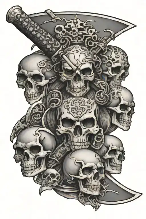 katana with 3 skulls and a beserk branding tattoo design idea