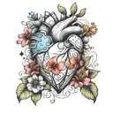 anitomically correct heart with colorful flowers and geometric shapes tattoo design idea