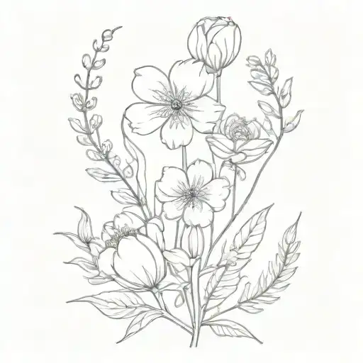 February, March, July, and December birth flower bouquet with stems  tattoo design idea