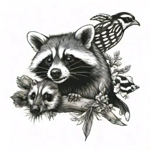 sleeve with warblers, raccoons and a skunk tattoo design idea