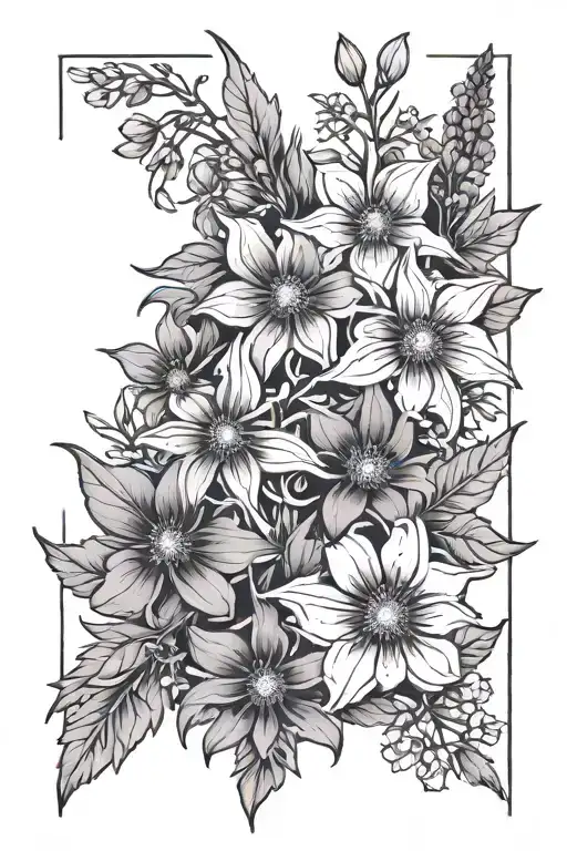 Violet, larkspur, and aster flow thin lines  tattoo design idea