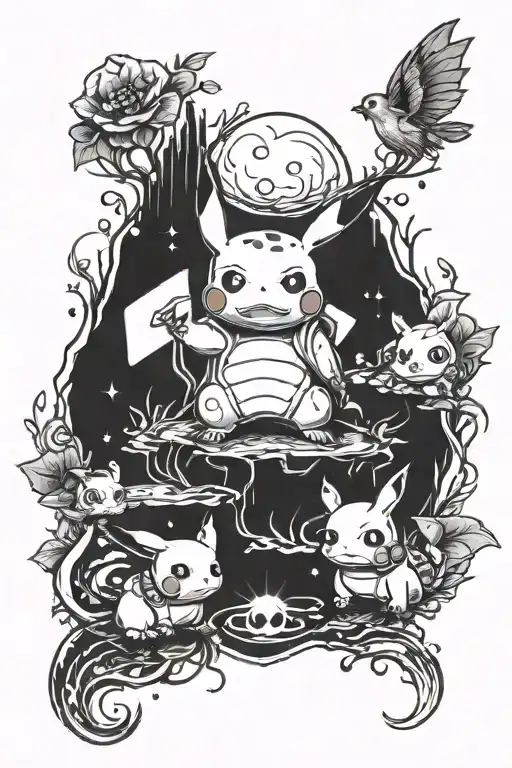 A tattoo design of Pikachu, Bulbasaur, Squirtle, and Charmander in a mystical and magical setting, showcasing their elemental powers in a unique way tattoo design idea