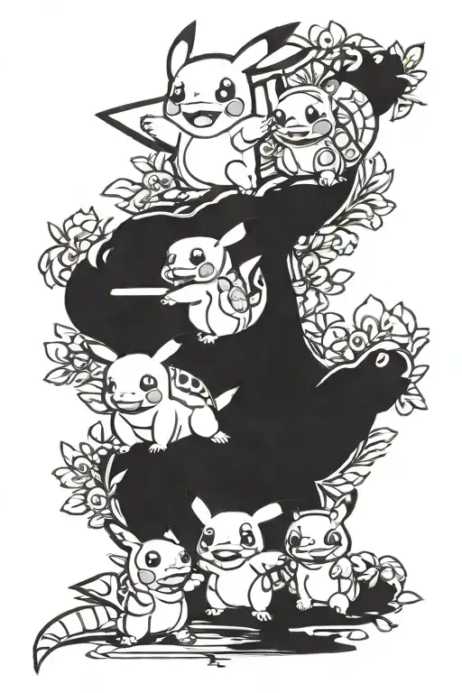 A tattoo design of Pikachu, Bulbasaur, Squirtle, and Charmander in a playful and whimsical style, interacting with each other in a fun and dynamic way tattoo design idea