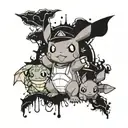 A tattoo design featuring a futuristic and edgy interpretation of Pikachu, Bulbasaur, Squirtle, and Charmander in a group setting tattoo design idea