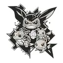 A tattoo design featuring a futuristic and edgy interpretation of Pikachu, Bulbasaur, Squirtle, and Charmander in a group setting tattoo design idea