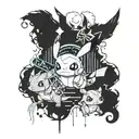 A tattoo design featuring a futuristic and edgy interpretation of Pikachu, Bulbasaur, Squirtle, and Charmander in a group setting tattoo design idea