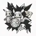 A tattoo design featuring a futuristic and edgy interpretation of Pikachu, Bulbasaur, Squirtle, and Charmander in a group setting tattoo design idea