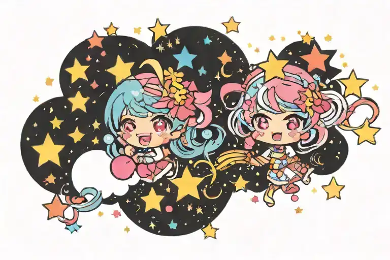 kawaii glitter, sparkles, stars, clouds, confetti, bubbles tattoo design idea