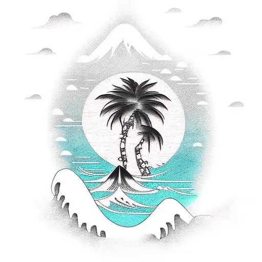 palm tree, ocean, whale, mountain tattoo design idea