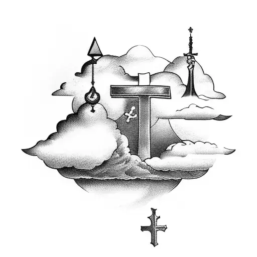cross with bible verse and clouds tattoo design idea
