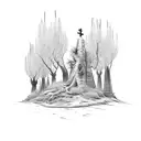 Cross with willow tree and olive trees over it also sage brush on the base tattoo design idea