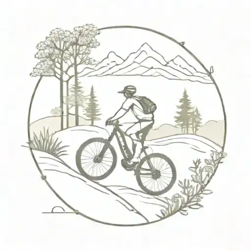 A minimalist design of a mountain biker riding through a serene wildlife sanctuary filled with various animals tattoo design idea
