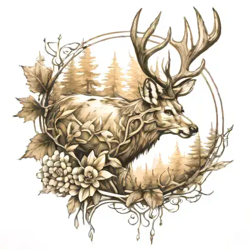 Horned deer Sketch with forest tattoo design idea