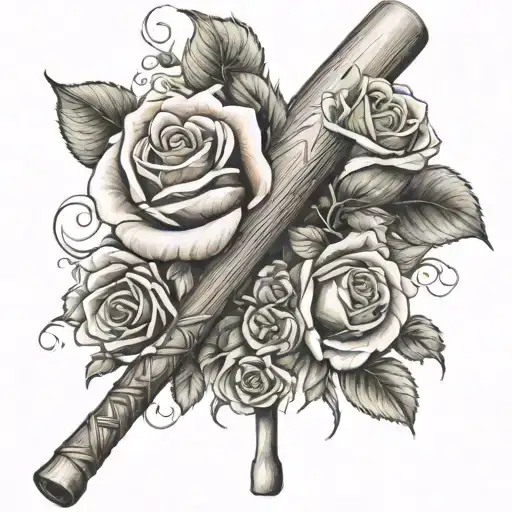 A baseball bat intertwined with a bouquet of roses tattoo design idea
