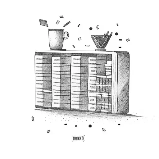 A tattoo of a bookshelf filled with books and coffee cups tattoo design idea
