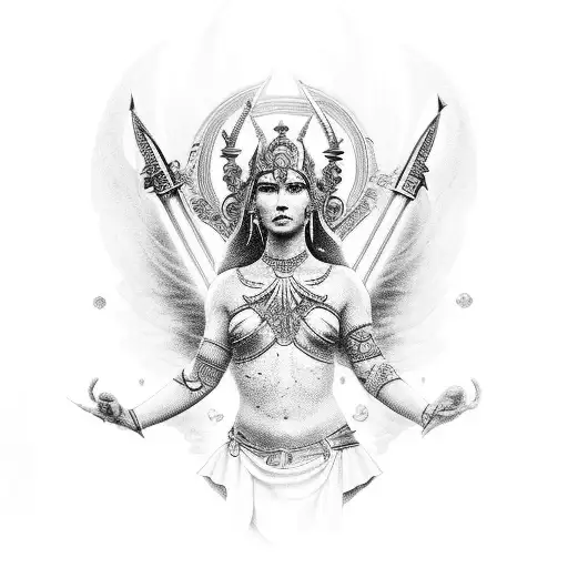 create tattoo of the goddess Themys full body with scales in one hand and a sword in the other, goddess of law with blac tattoo design idea