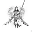 create tattoo of the goddess Themys full body with scales in one hand and a sword in the other, goddess of law with blac tattoo design idea
