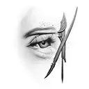 deusa do direito com uma espada na mão direita e uma balança na mão esquerda, rosto de mulher  tattoo design idea