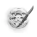 deusa do direito com uma espada na mão direita e uma balança na mão esquerda, rosto de mulher  tattoo design idea