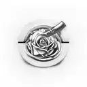 deusa do direito com uma espada na mão direita e uma balança na mão esquerda, rosto de mulher  tattoo design idea