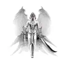 deusa do direito com uma espada na mão direita e uma balança na mão esquerda, rosto de mulher  tattoo design idea