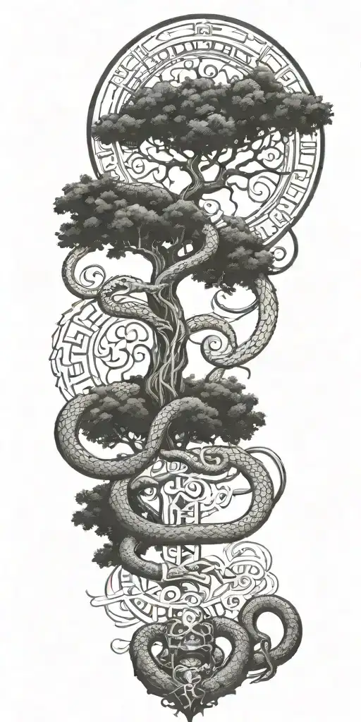 tree of life with heaven and hell symbology with a coiled snake, gates of heaven, and st Michael's sword tattoo design idea