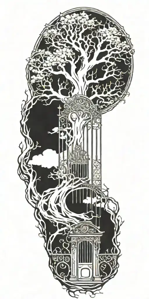 tree of life with gate to heaven on top and roots reaching to hell  tattoo design idea