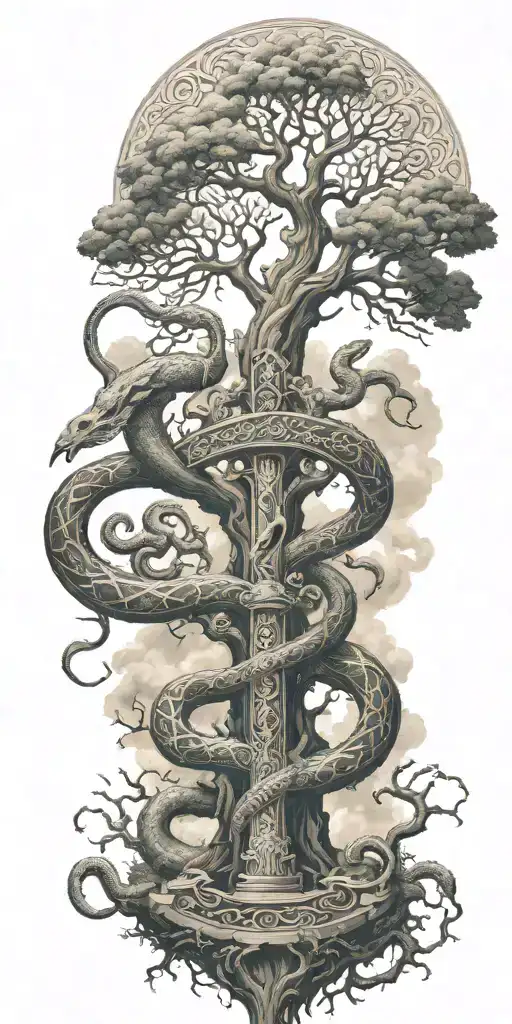 tree of life with heaven and hell symbology with a coiled snake, gates of heaven, and st Michael's sword tattoo design idea