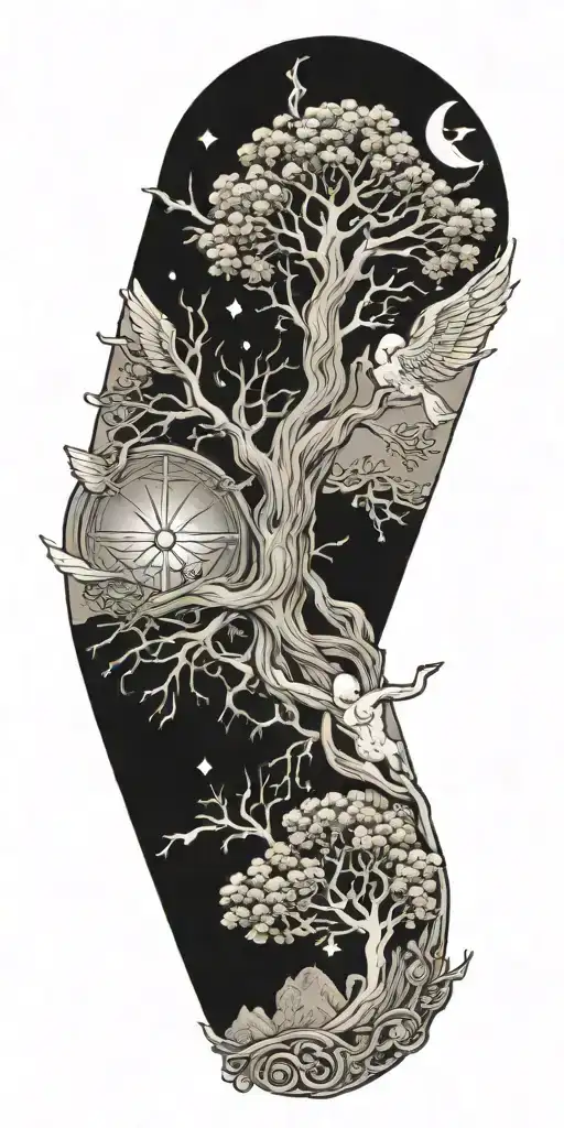 tree of life reaching to heaven and hell with St Michael tattoo design idea