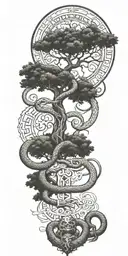 tree of life with heaven and hell symbology with a coiled snake, gates of heaven, and st Michael's sword tattoo design idea