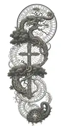 tree of life with heaven and hell symbology with a coiled snake, gates of heaven, and st Michael's sword tattoo design idea