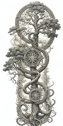 tree of life with heaven and hell symbology with a coiled snake, gates of heaven, and st Michael's sword tattoo design idea